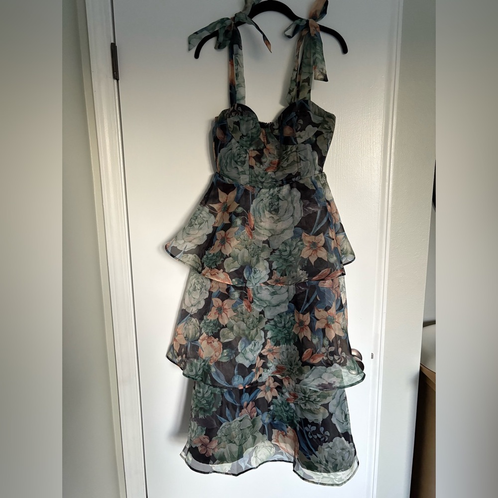 Lulu's Floral High Low Dress - Green and Black